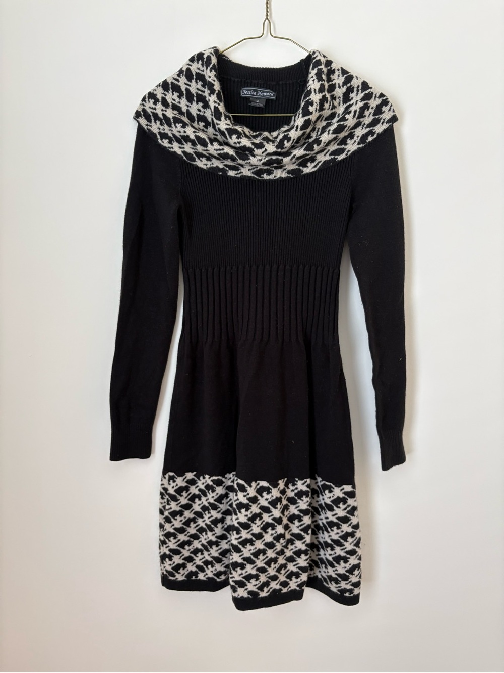Jessica Howard Black and White Patterned Cowl Neck Knit Dress